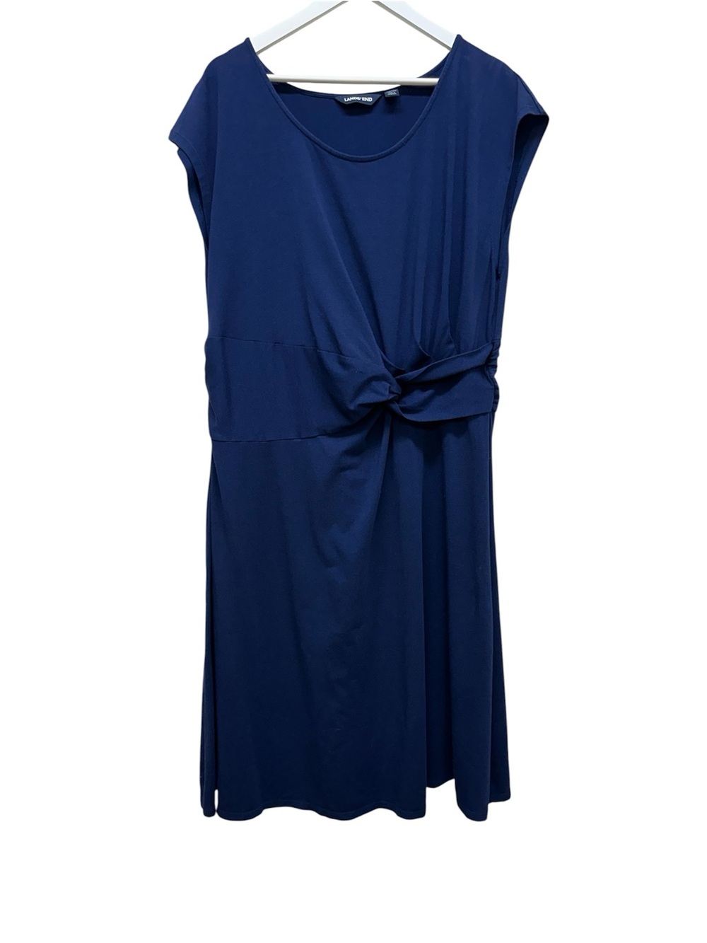 Lands’ End Women’s Navy Blue Twist Front Waist Knit Dress Short Sleeve
